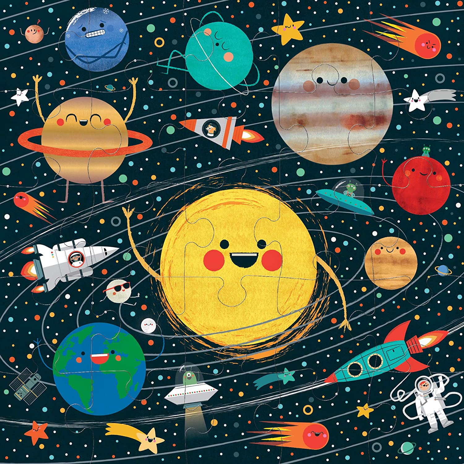 25pc Solar System Jumbo Puzzle featuring colorful, oversized pieces with smiling planets and space elements for young children.