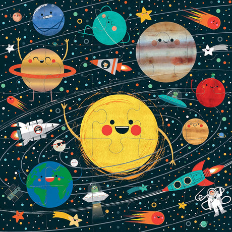 25pc Solar System Jumbo Puzzle featuring colorful, oversized pieces with smiling planets and space elements for young children.