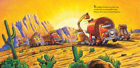 Construction Site: Road Crew Coming Through! shows animated construction vehicles working on a desert road at sunset.