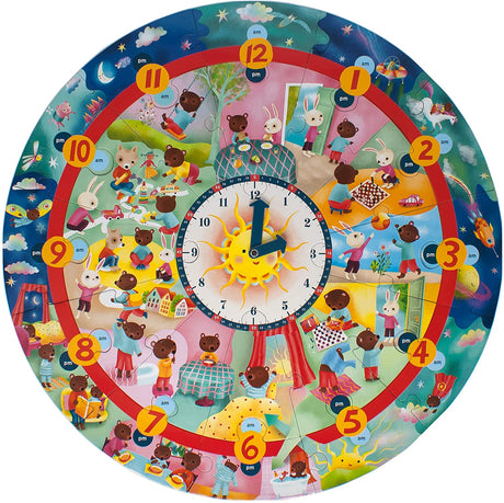 25pc Around the Clock Puzzle featuring colorful day and night scenes with movable clock hands for teaching time.
