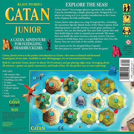 Catan Junior board game box showing pirate islands, resources, and game components for kids aged 5 and up.