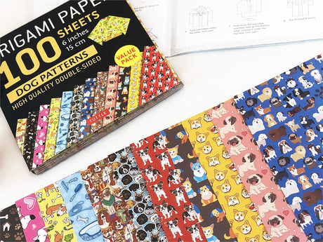 Origami Paper Dog Patterns pack with 100 colorful double-sided sheets featuring 12 unique dog designs and instructions.