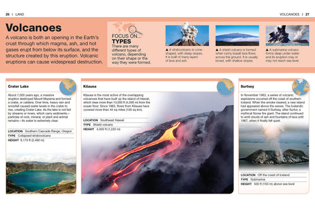Pocket Genius Earth showing detailed volcano types, eruptions, and key geological features with vivid imagery and facts.