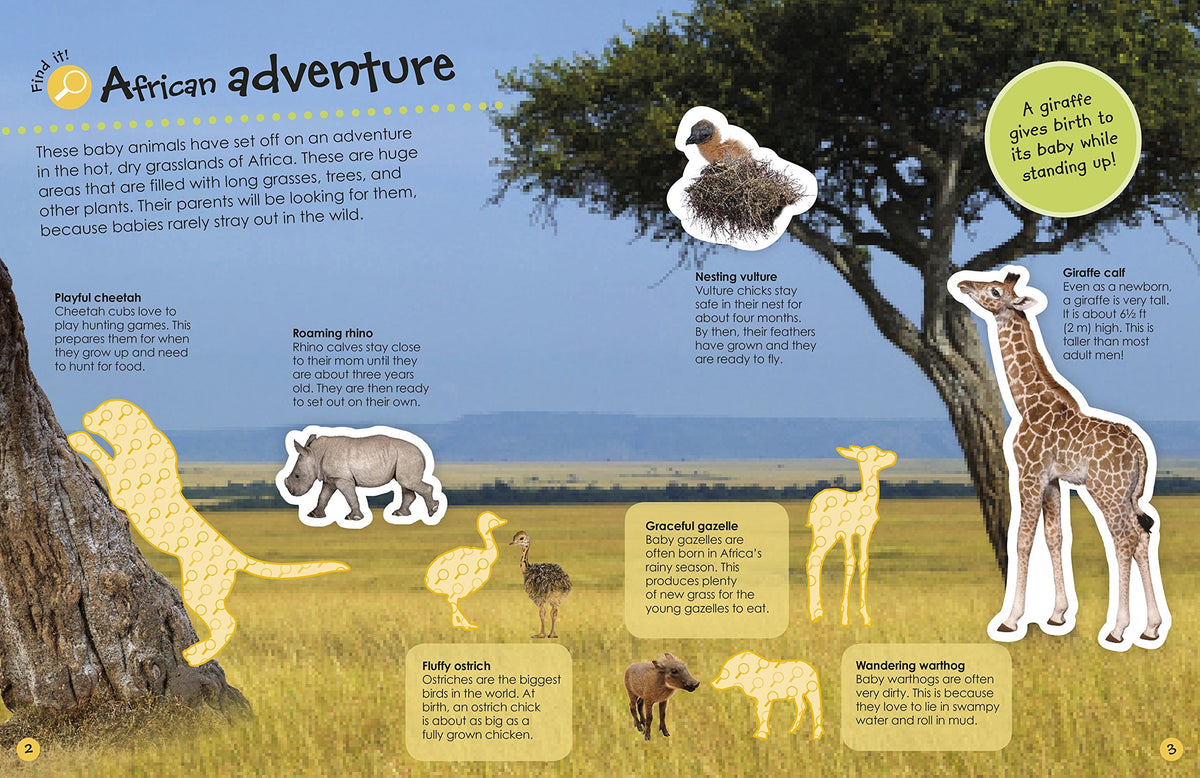 Ultimate Sticker Book | Baby Animals page showing reusable stickers of African baby animals in a savannah scene.