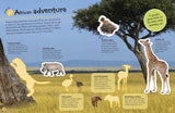 Ultimate Sticker Book | Baby Animals page showing reusable stickers of African baby animals in a savannah scene.