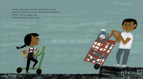 Illustration from Carmela Full of Wishes showing Carmela and her brother with a cart near a metal gate.