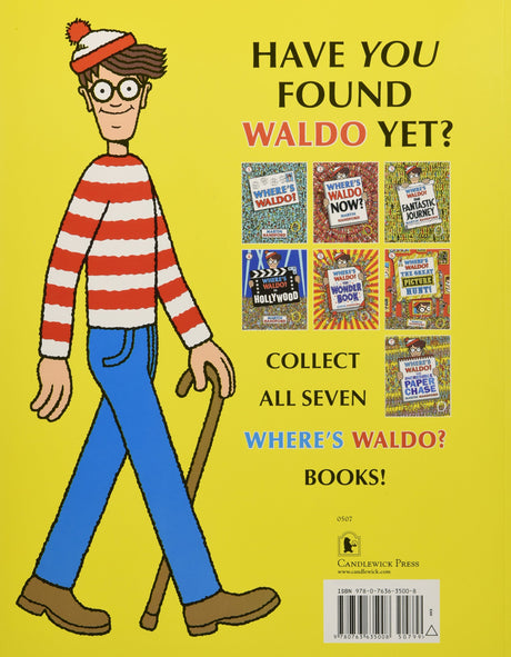Where's Waldo? Fantastic Journey book cover showing Waldo in red and white stripes with a yellow background and seven book collection.