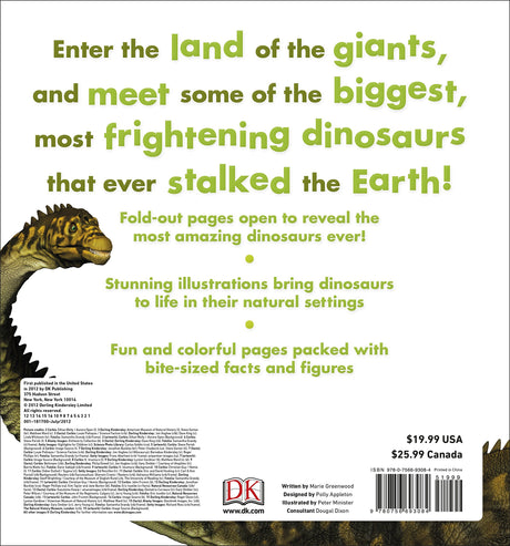 Back cover of Amazing Giant Dinosaurs showing colorful text with dinosaur illustration and book details.