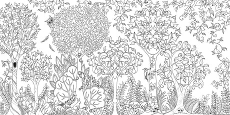 Intricate forest scene with detailed trees and plants from the Enchanted Forest Coloring Book by Johanna Basford.