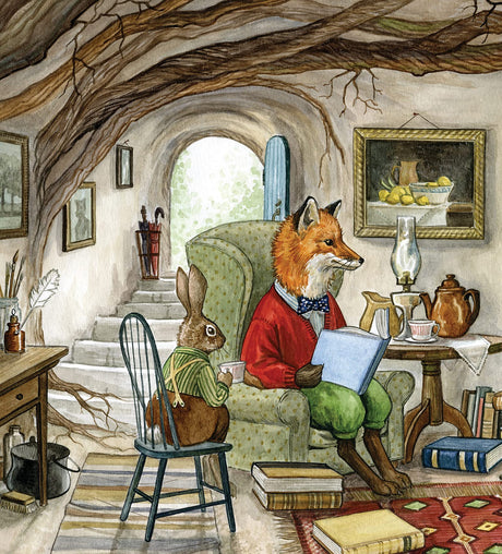Illustration from Hector Fox and the Giant Quest shows fox and rabbit friends reading in a cozy woodland home.