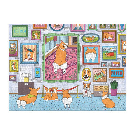 1000pc Museum of the Corgi Puzzle showing colorful corgi illustrations displayed in a museum setting with playful details.
