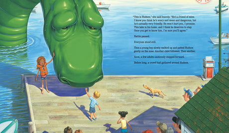 Illustration from Hattie and Hudson showing a girl befriending a friendly green lake monster on a wooden dock.