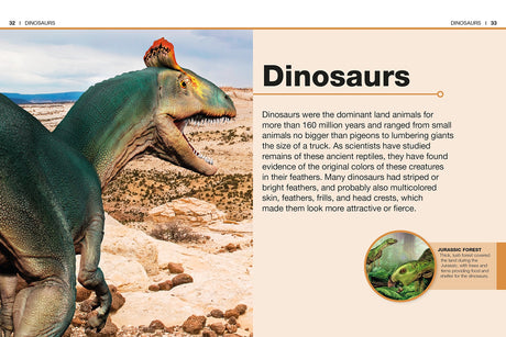 Pocket Genius Dinosaurs book showing colorful dinosaur illustration and informative text about dinosaur history and features.