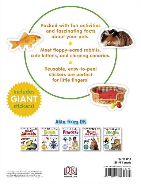 Ultimate Sticker Book | Pets featuring fun activities, reusable stickers, and facts about pets like rabbits, kittens, and canaries.