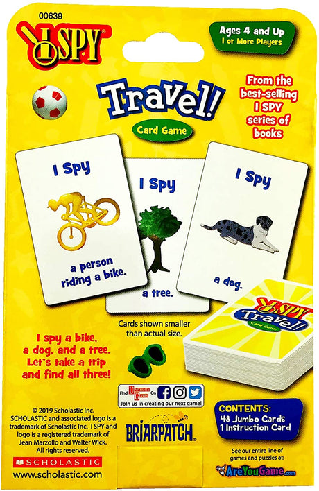 I Spy Travel! Card Game packaging showing sample cards with a person biking, tree, and dog for kids ages 4 and up.