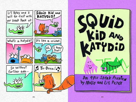 Open pages from Cat Kid Comic Club #1 showing a colorful preview of Squid Kid and Katydid comic strip.