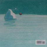 Rear cover of Lost and Found showing a small boat near an iceberg in calm icy waters at night.