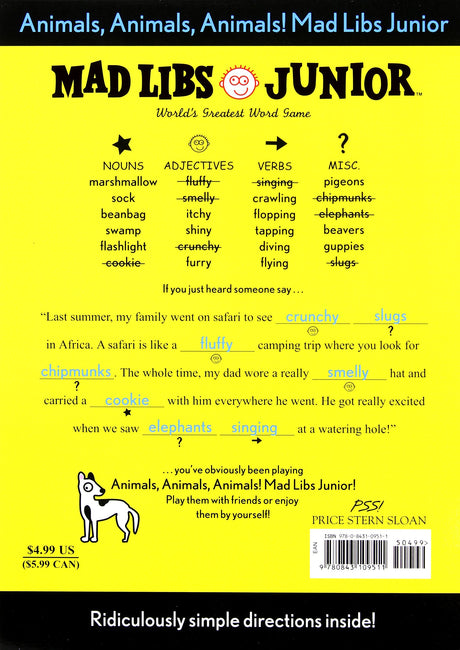 Back cover of Mad Libs Jr Animals Animals showing word categories and a silly completed story for kids.