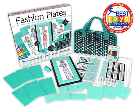 Fashion Plates deluxe design set with drawing tablet, colored pencils, rubbing crayon, and carry-along portfolio case.