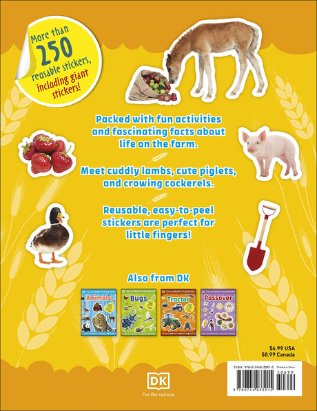 Back cover of Ultimate Sticker Book | Farm showing reusable stickers of farm animals and items on yellow background.