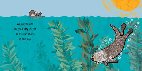 Illustration from Together showing a parent and baby sea otter playing under the sun in the ocean.