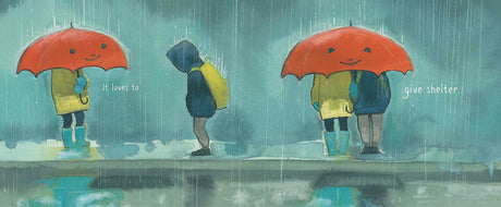 The Big Umbrella showing children sharing a large red umbrella in the rain, illustrating inclusion and kindness.