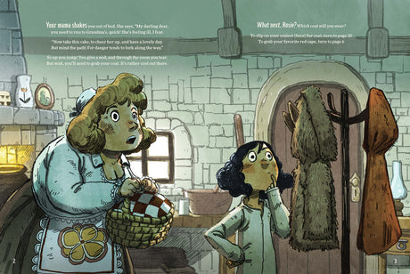 Endlessly Ever After shows a charming illustrated scene inside a fairy tale kitchen with two curious characters deciding their story path.