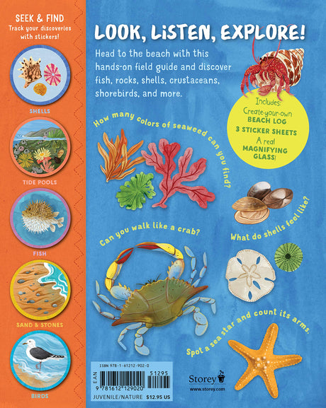 Backpack Explorer: Beach Walk book cover showing beach creatures, activities, magnifying glass, and sticker sheets for kids.