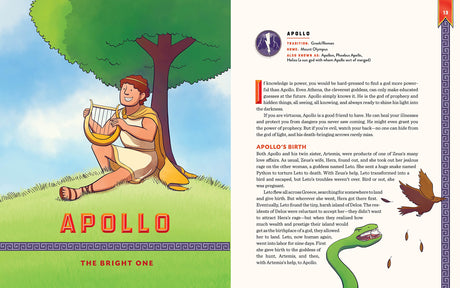 Gods and Heroes: Mythology Around the World book page showing Apollo with a lyre under a tree and mythological text.