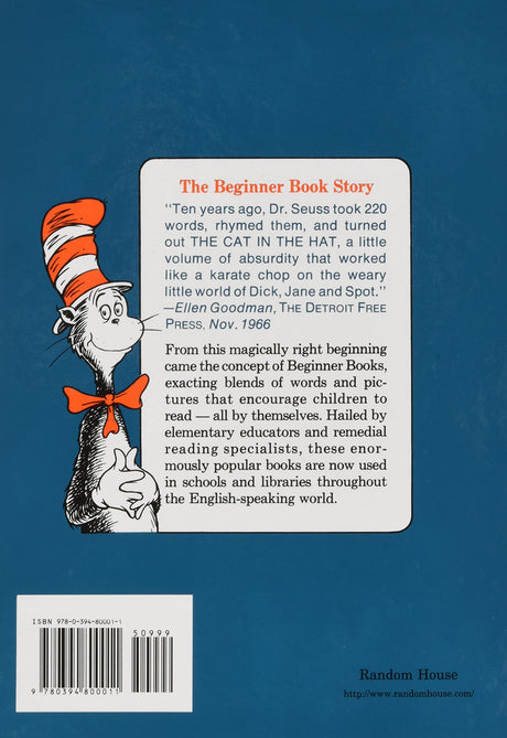 Back cover of The Cat in the Hat showing text about the book's impact and a sketch of the Cat in the Hat.