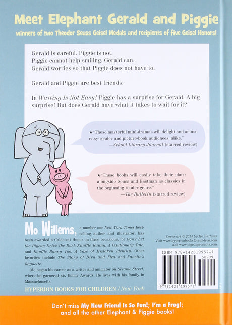 Back cover of Elephant & Piggie Waiting is Not Easy featuring Gerald and Piggie with a book description and reviews.