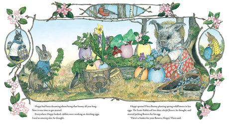 The Easter Egg showing Hoppi the bunny and Flora Bunny with colorful Easter eggs in a floral garden setting.