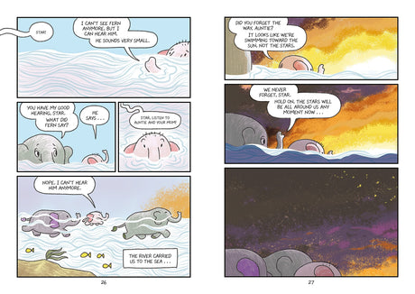 Surviving the Wild: Star the Elephant showing Star and his herd journeying through water under a starry sky in a graphic novel.