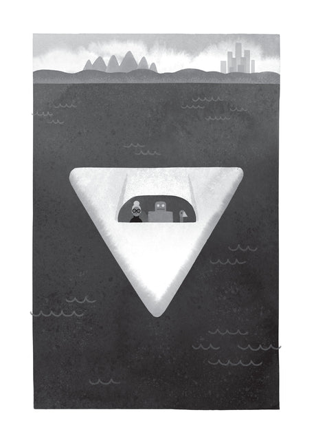Wild Robot Escapes cover art shows a robot and human inside a triangular window floating in dark water.