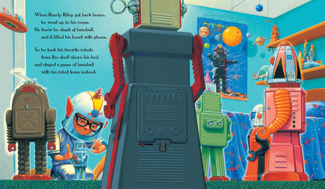 Illustration from Randy Riley's Really Big Hit showing Randy and four colorful robots playing baseball indoors.