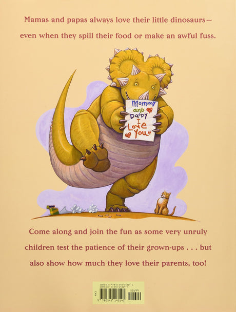 Back cover of How Do Dinosaurs Say I Love You? showing a dinosaur holding a love note to parents.