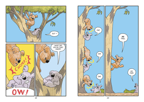 Surviving the Wild: Rainbow the Koala graphic novel pages showing Rainbow’s tree struggle and playful kookaburra antics.