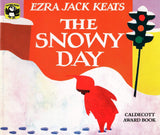 Cover of the board book The Snowy Day by Ezra Jack Keats showing a child in a red snowsuit in the snow.