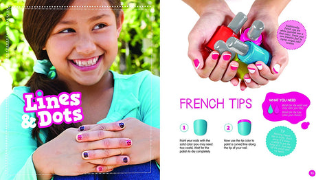 Nail Art set showing colorful kid-friendly polish bottles and a smiling girl with nails decorated in fun lines and dots designs.