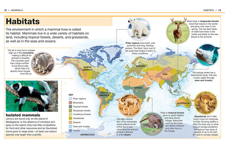 Pocket Genius Mammals book open to habitat map showing mammal distribution across continents and environments.