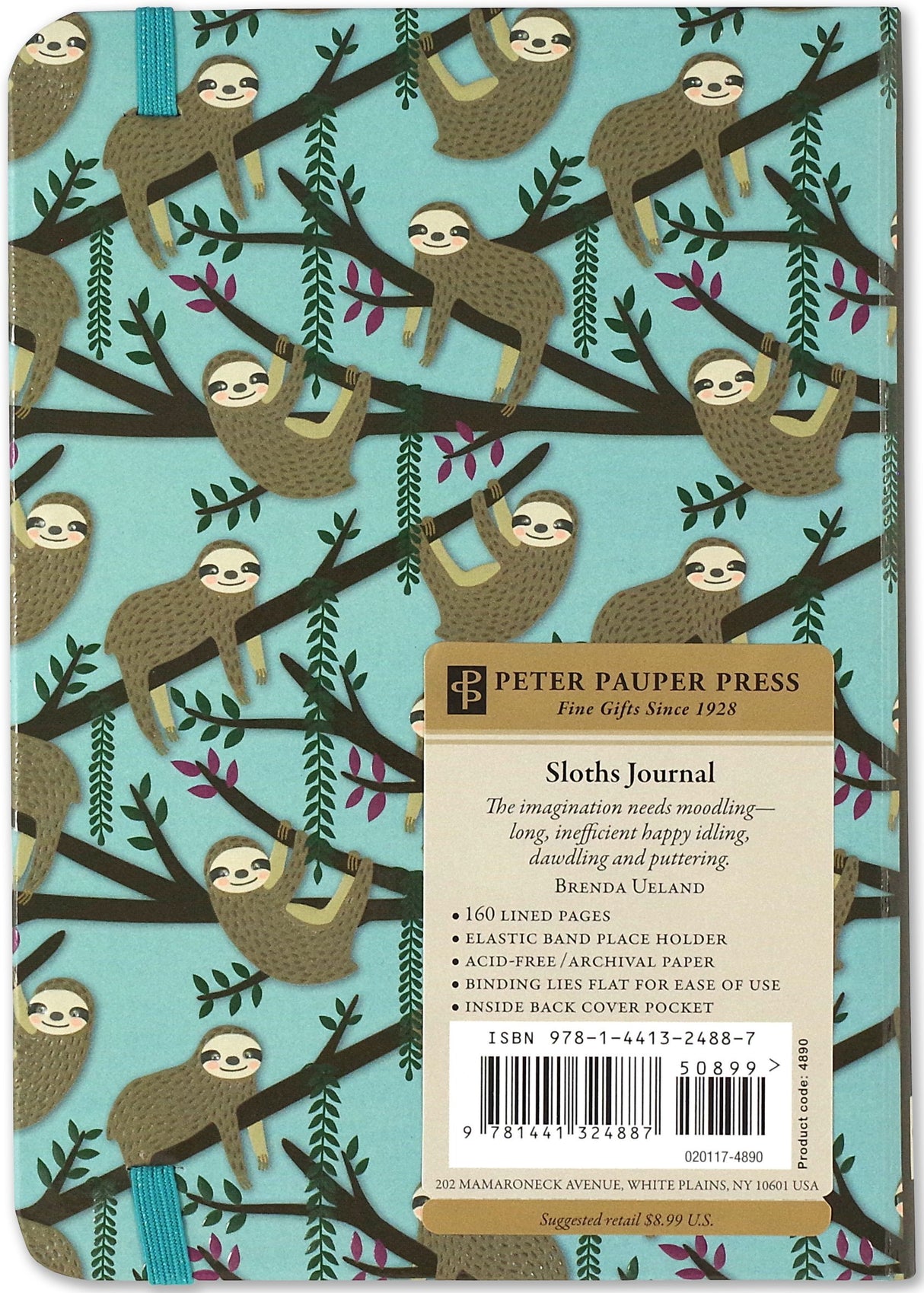 Sloths Journal featuring playful sloths on branches with blue elastic closure and textured glossy highlights on matte background.