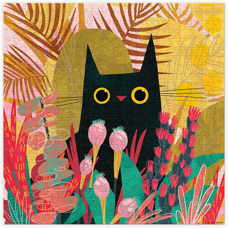 500pc Black Cat Puzzle featuring a black cat among colorful garden plants in vibrant hues and modern style.