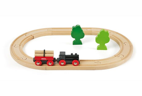 Little Forest Set wooden train on circular track with green trees and log cargo for imaginative play.