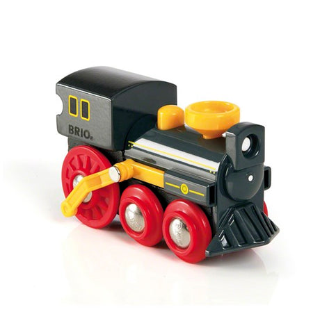 Old Steam Engine toy with moving pistons and red wheels designed for BRIO train tracks, suitable for ages 3 and up.