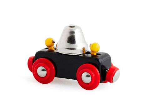 Bell Wagon Car wooden toy with red wheels and a silver bell that rings when rolled back and forth for kids ages 3 and up.
