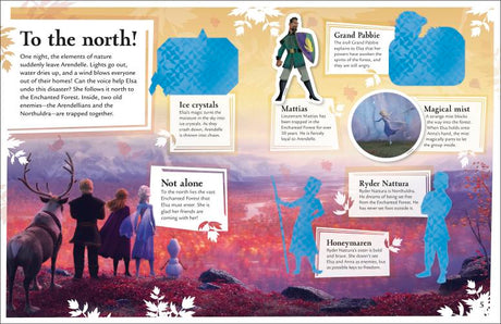 Magical Sticker Book | Frozen II open showing colorful character and nature illustrations with fun facts and sticker spaces.