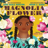Cover of Magnolia Flower book featuring an Afro-Indigenous girl surrounded by magnolia blossoms and stars.