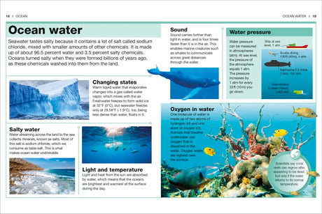 Pocket Genius Ocean showing ocean water facts, marine life, water pressure, sound, oxygen, and temperature information.