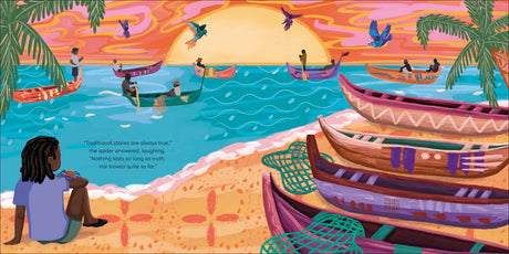 Illustration from Anansi and the Golden Pot showing colorful boats, a sunset, and a child watching the sea with birds flying overhead.