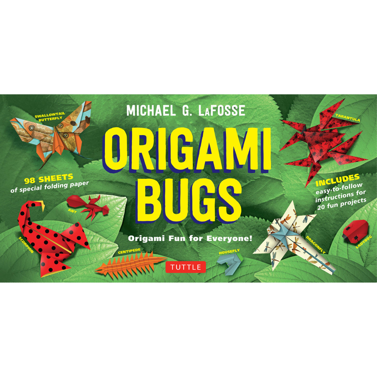 Origami Bugs kit with colorful paper folding instructions to create 20 fun insect and arachnid origami models for kids.